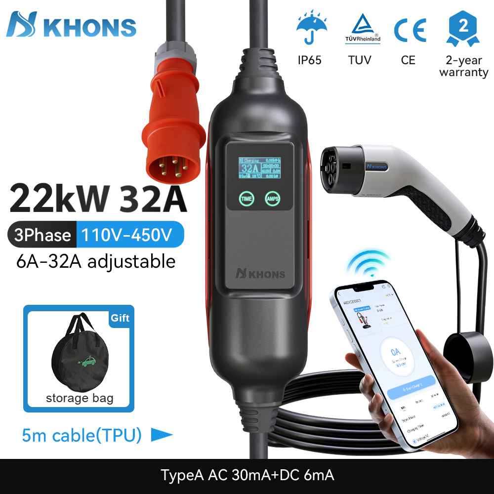 Khons Portable EV Charger Type - огляд і ціна Portable Ev Charger 32A Type 2 Cee Plug