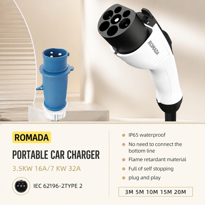 ROMADA 7KW 32A Electric Vehicl - огляд і ціна Portable Ev Charger 32A Type 2 Cee Plug